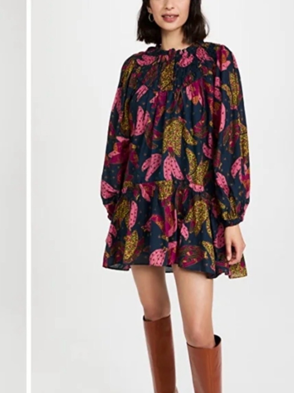 FARM Rio Black Tunic with Pink & Gold Leaf Motif